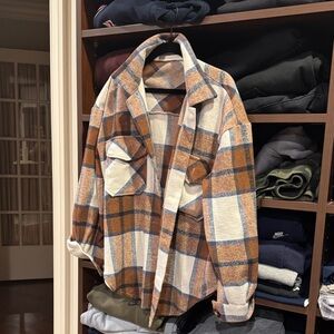 Men's Plaid Shirt Jacket in Brown and Cream